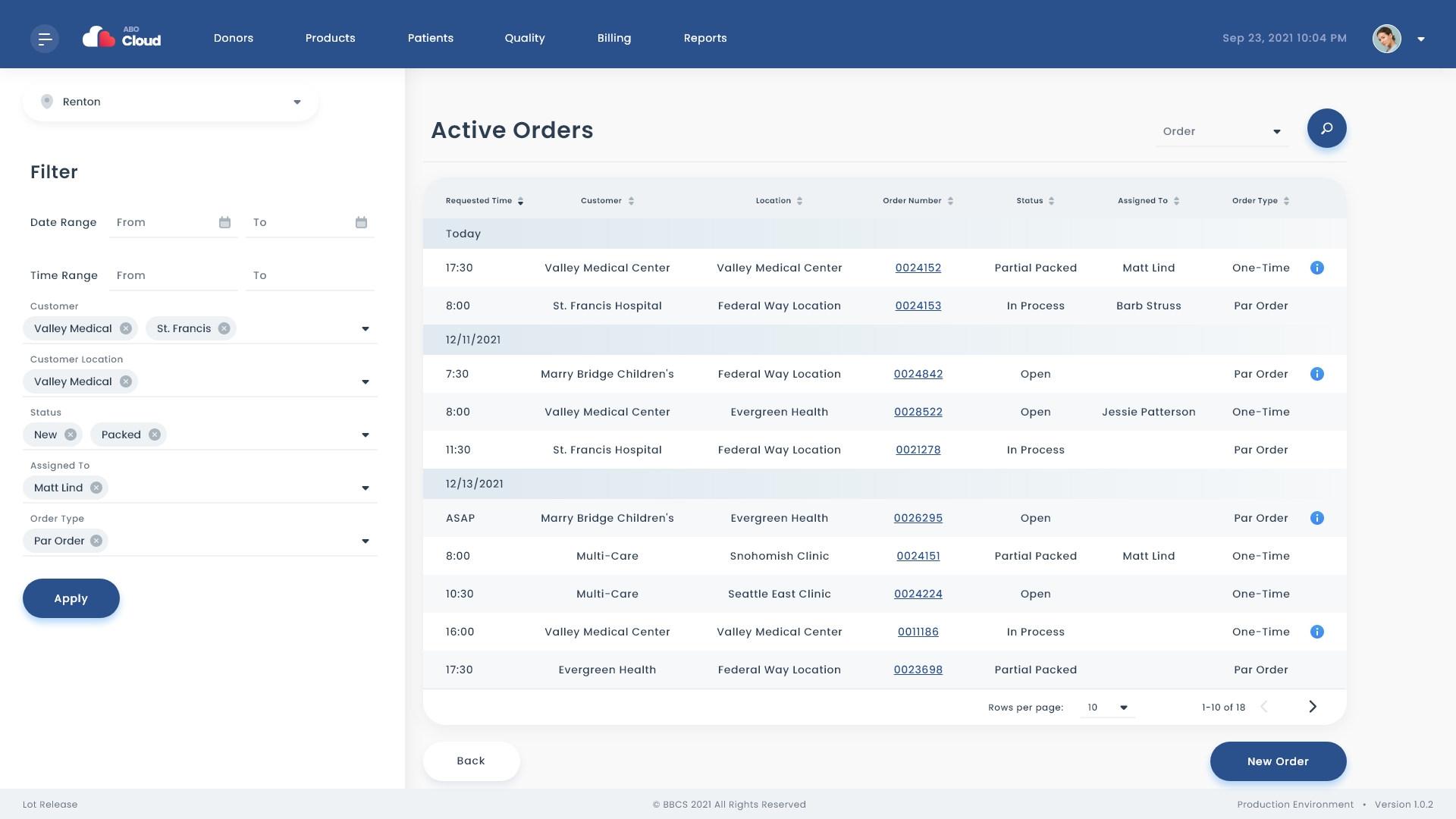 Active Orders screen, with left pane filter options, and search output displayed on the right in a table format.