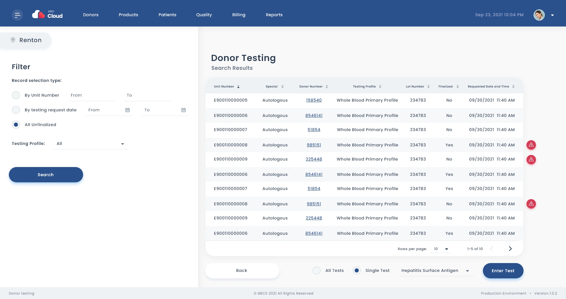 Donor Testing Search screen with options for indicating single test entry or all test entry.